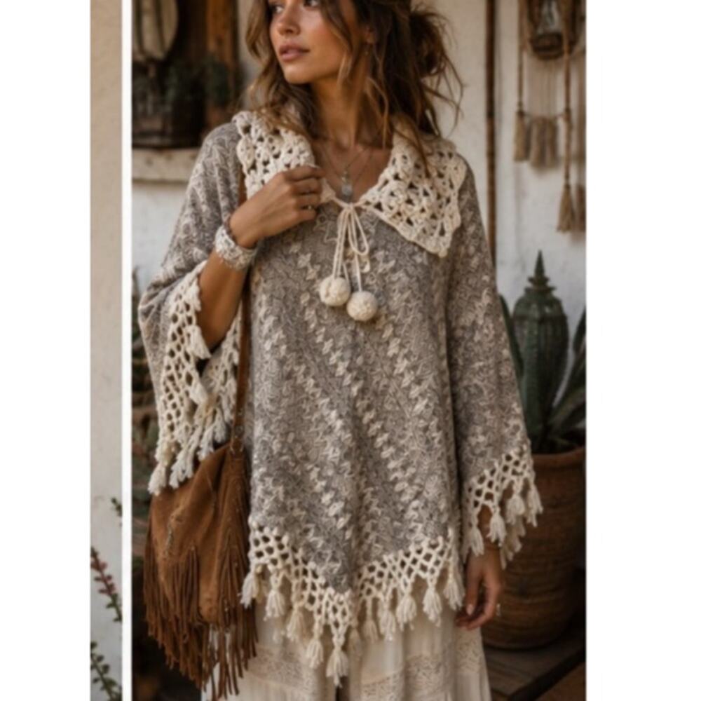 Boho Southwestern Fringe Poncho Shawl O/S Crochet Collar Taupe Cream Festival